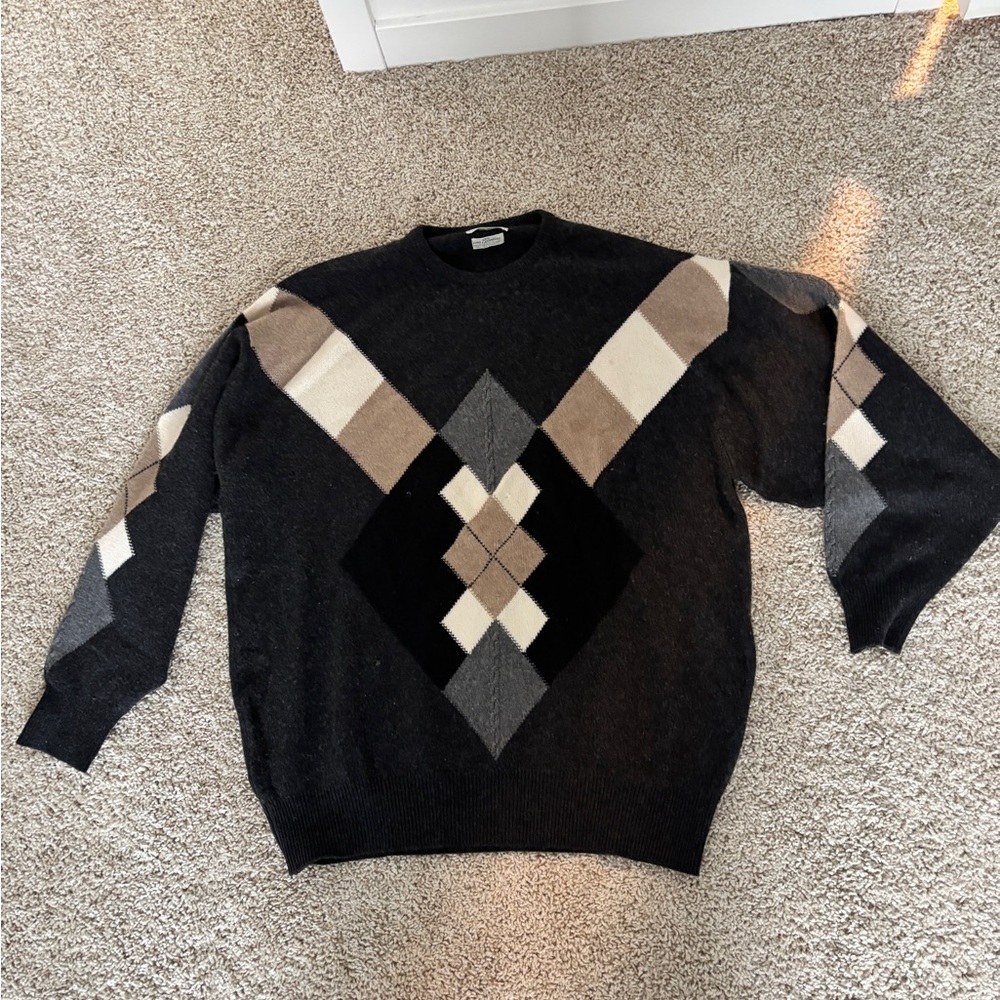 Men's Black Argyle Crewneck 100% Cashmere Sweater sz Large